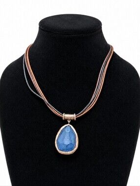 Blue Faceted Teardrop Pendant Necklace Multi Strand Cord Silver Tone Statement